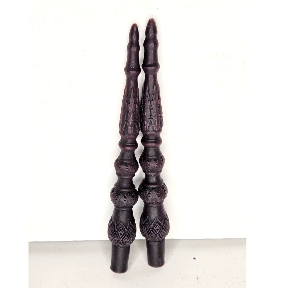 Vintage Style Ornate Carved Taper Candles Dark Purple Gothic Victorian Set of 2